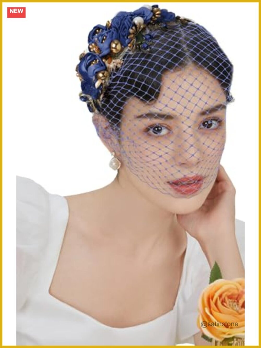 Womens Fascinator Headband Mesh Veil Floral Crystal Pearls